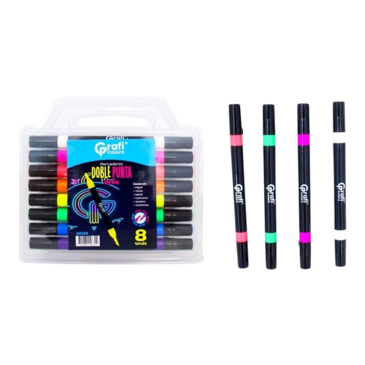 Marcadores De Vinilo Doble Punta Neon Grafi Colors X8 Pcs GR-208