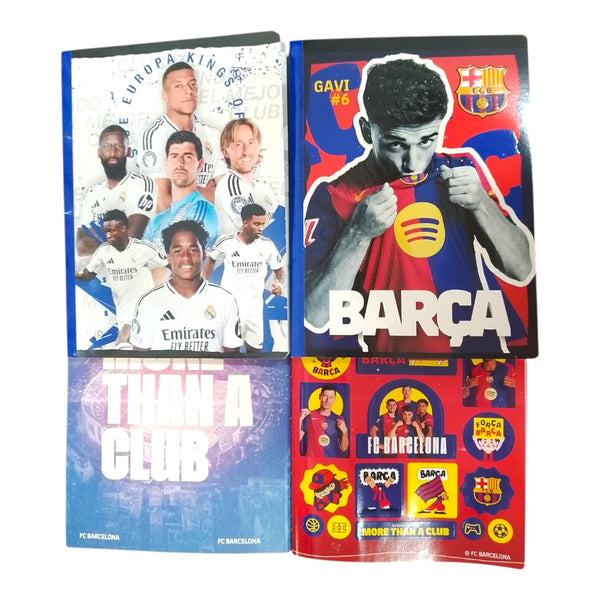 Cuaderno Cosido Cuadriculado Barcelona / Real Madrid Con Sticker Scribe 100 Hojas