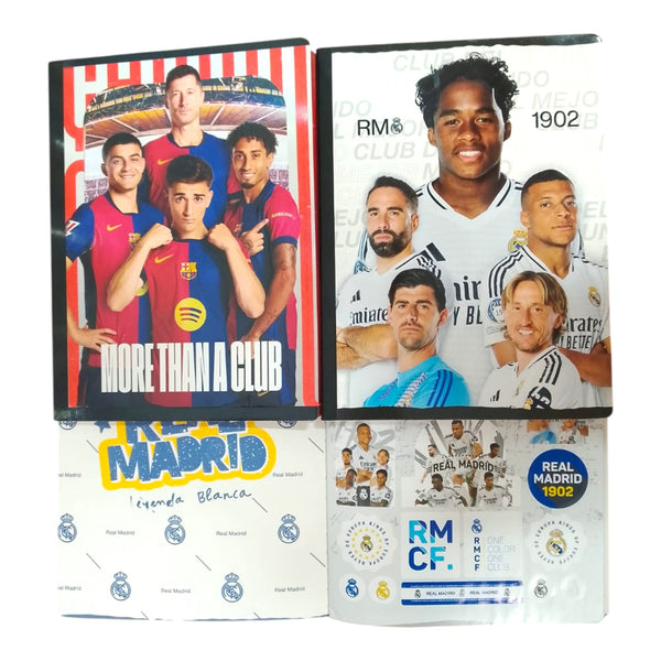 Cuaderno Cosido Rayado Barcelona / Real Madrid Con Sticker Scribe 100 Hojas