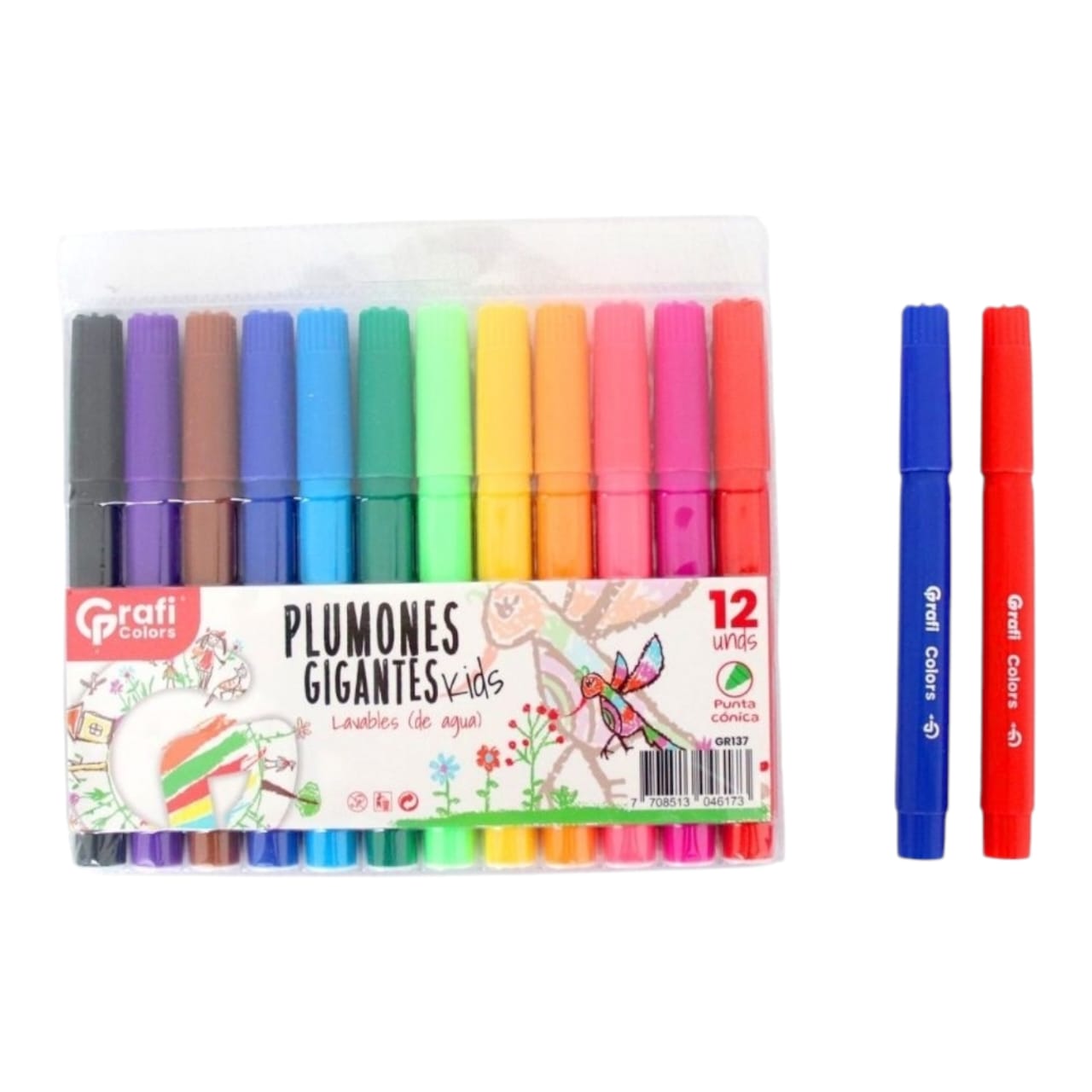 Plumones Gigantes Lavables Kids Grafi Colors X12 Pcs GR-137 X3 Unds