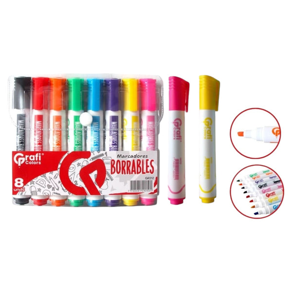 Marcadores Borrables Grafi Colors Colores Surtidos X8 Unds GR-212