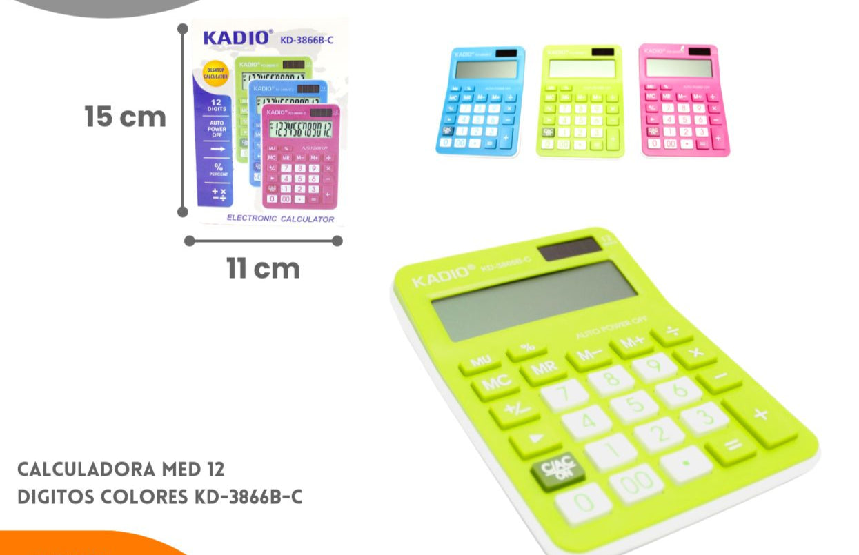 Calculadora Mediana 12 Digitos Colores KD-3866B-C 15 cmx 11 cm