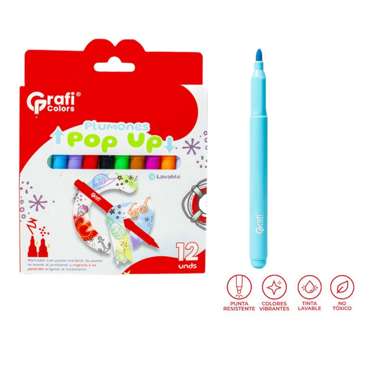 Plumones Pop Up Grafi Colors Punta Retractil Lavable X12 Pcs GR-348