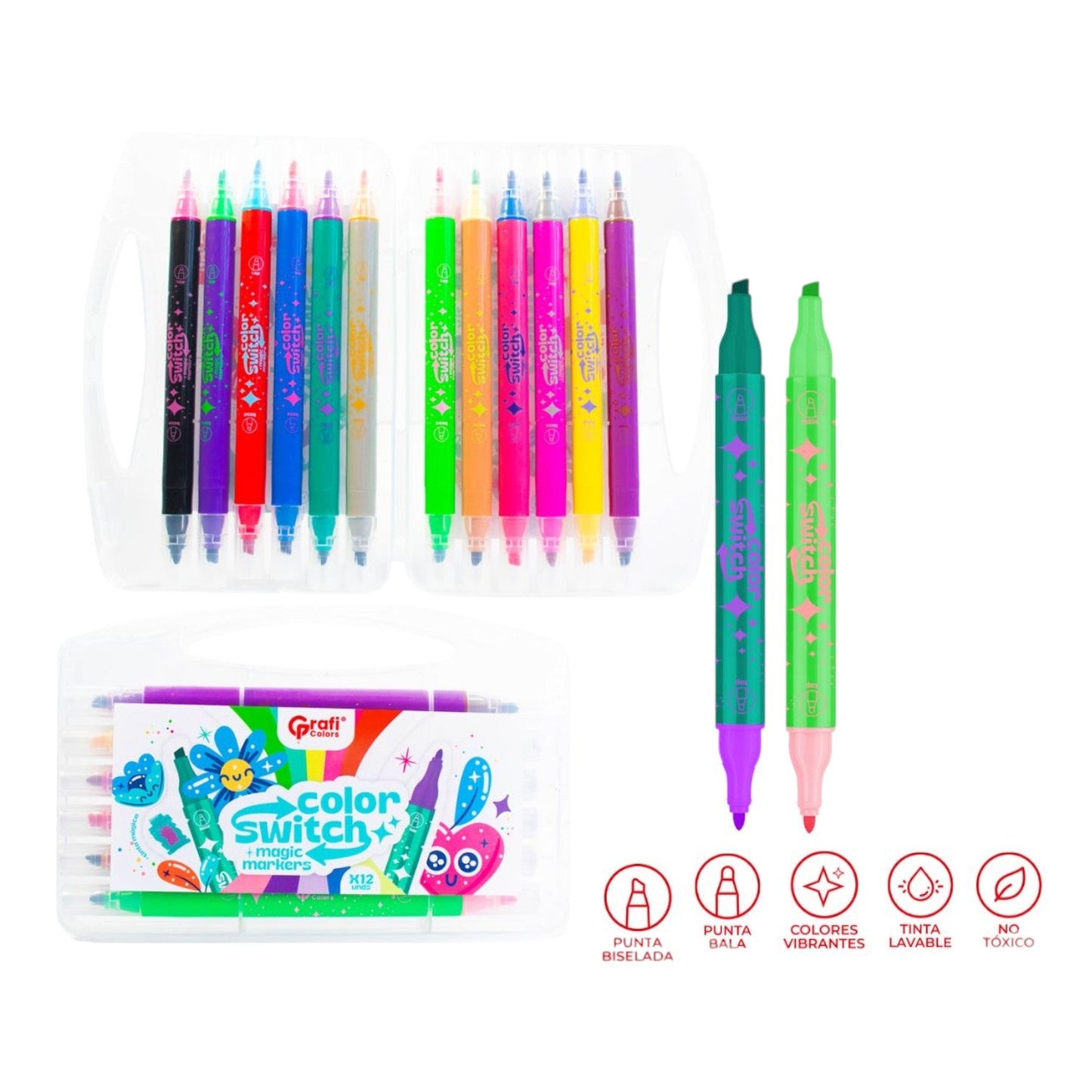 Marcadores Switch Grafi Colors Doble Punta Mágica X12 Pcs GR-392