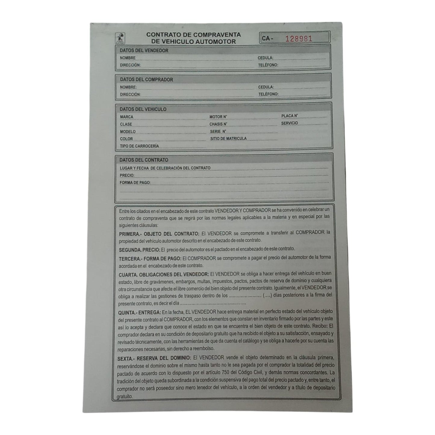Contrato De Compraventa De Vehiculo X20 Unds