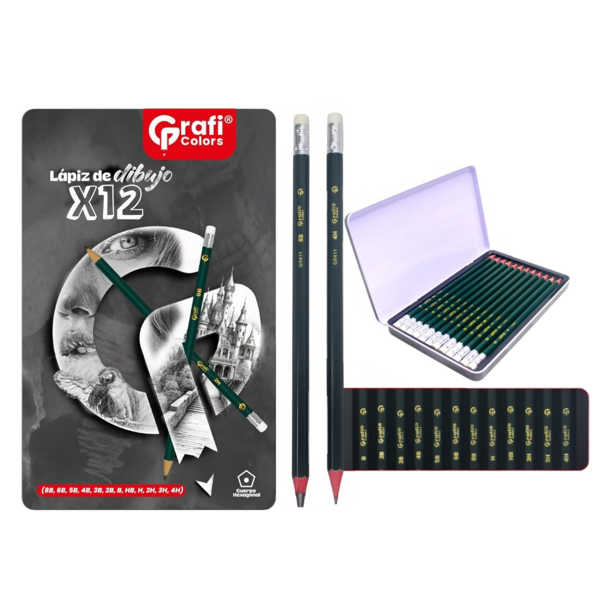 Lapiz De Dibujo Caja Metalica Grafi Colors GR-411 X12 Unds