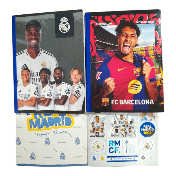 Cuaderno Cosido Rayado Barcelona / Real Madrid Con Sticker Scribe 50 Hojas
