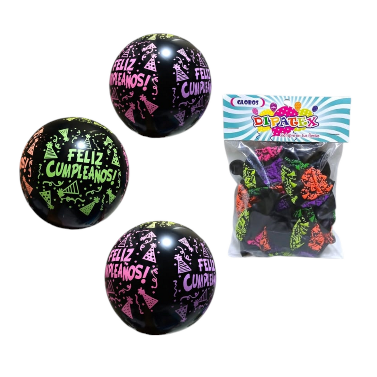Globo R12 X12 Feliz Cumpleaños Neón Negro