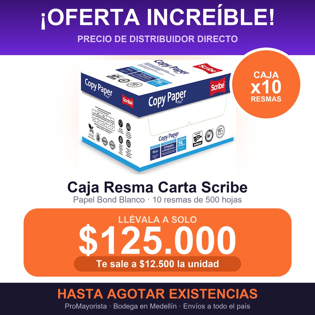 Oferta increíble: caja de 10 resmas de papel bond carta Scribe por $125.000, a $12.500 la unidad. Hasta agotar existencias.