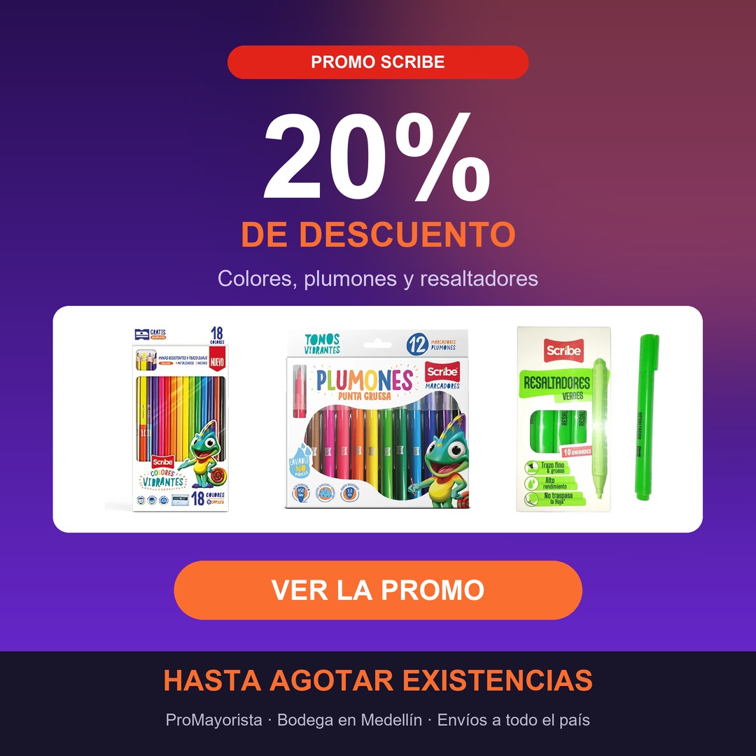 Promo Scribe: 20% de descuento en colores, plumones y resaltadores Scribe al por mayor. Hasta agotar existencias.